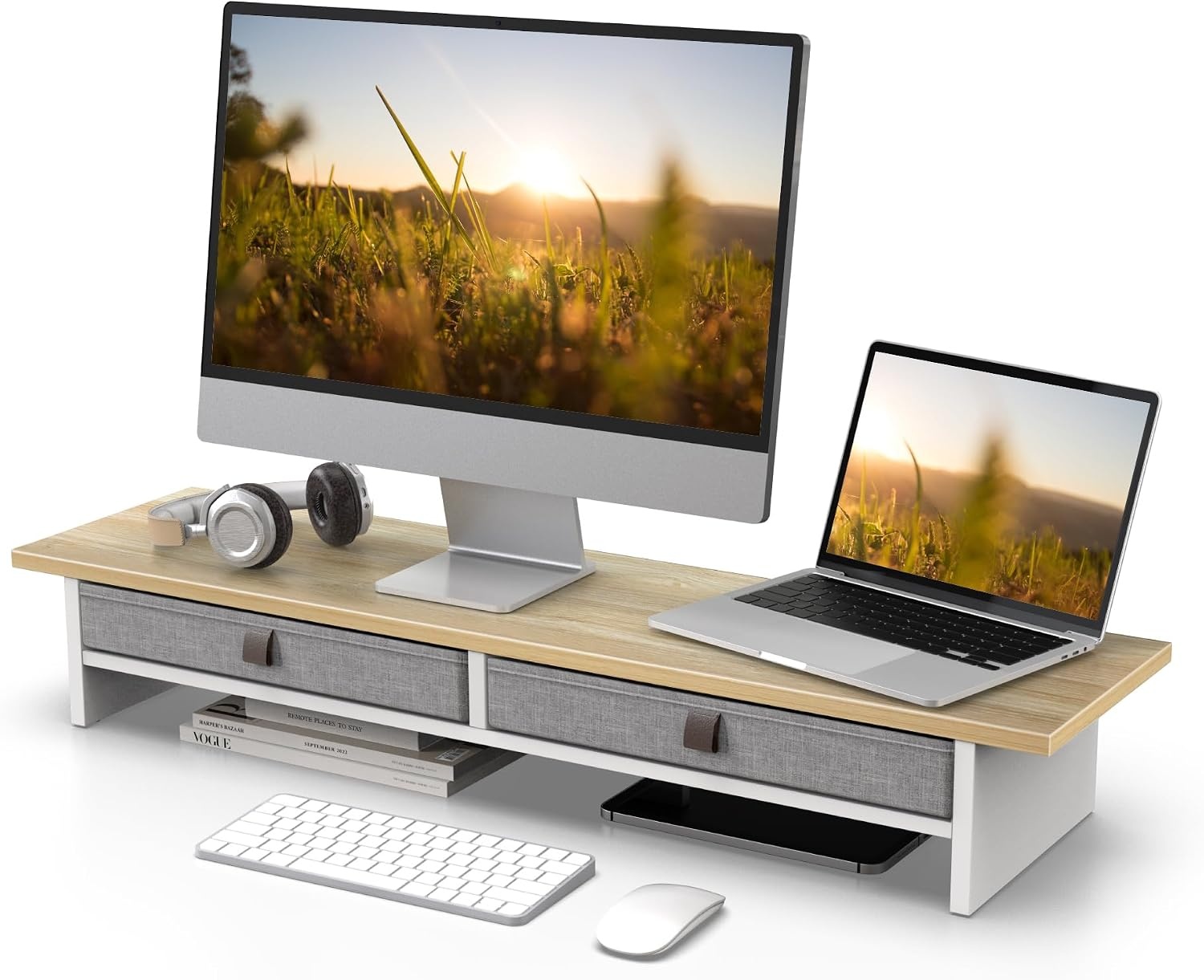 Monitorständer 2 Ebenen Eiche 90cm mit Schubladen - 35% Rabatt