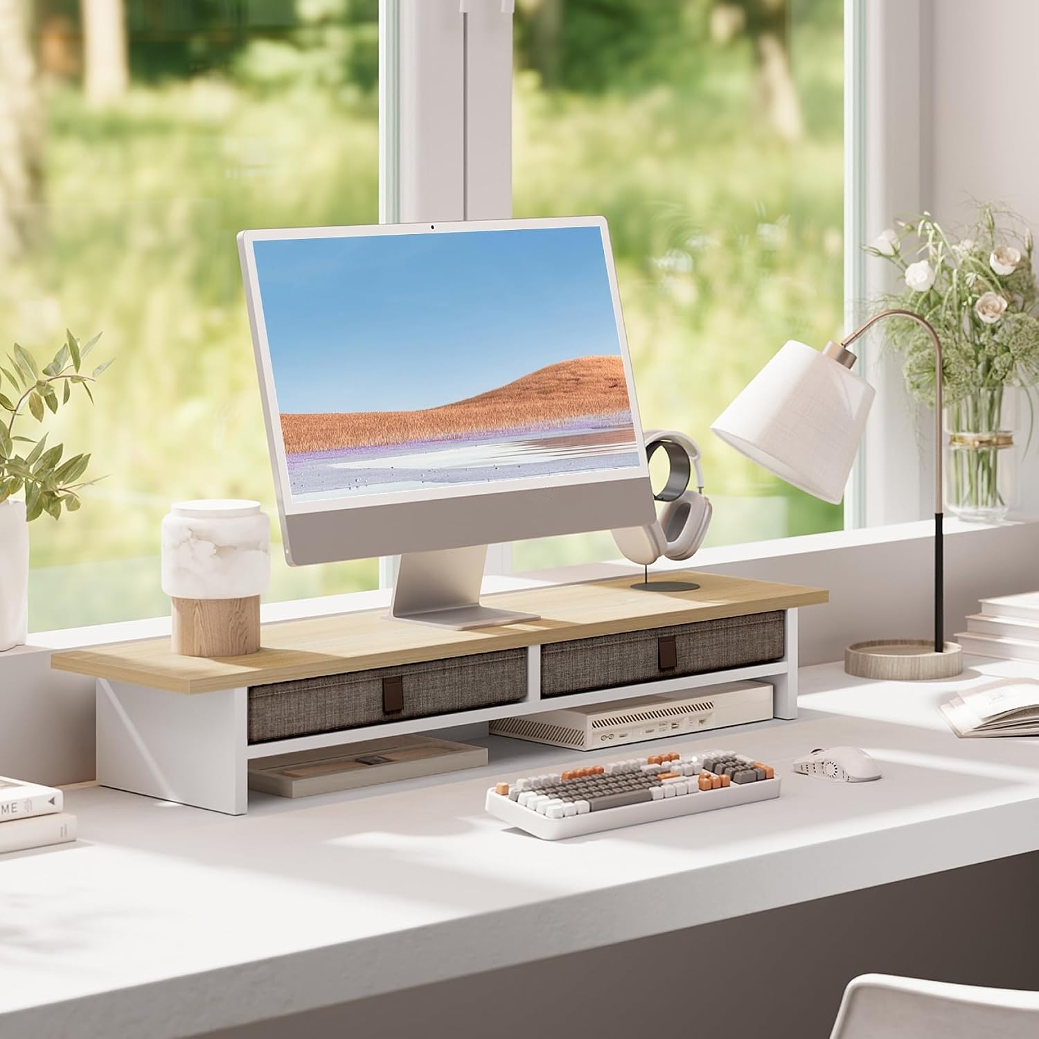 Monitorständer 2 Ebenen Eiche 90cm mit Schubladen - 35% Rabatt