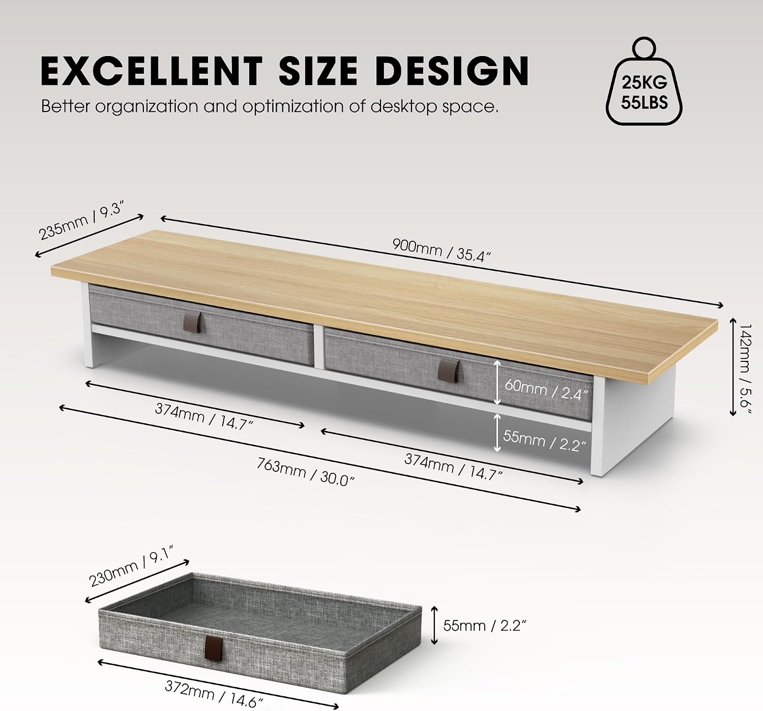Monitorständer 2 Ebenen Eiche 90cm mit Schubladen - 35% Rabatt