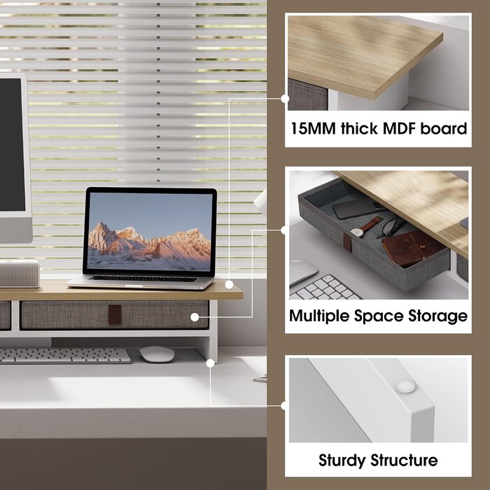 Monitorständer 2 Ebenen Eiche 90cm mit Schubladen - 35% Rabatt