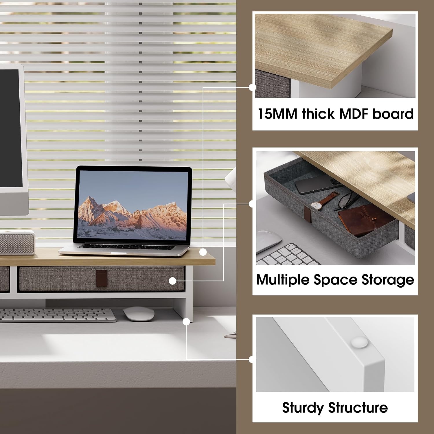 Monitorständer 2 Ebenen Eiche 90cm mit Schubladen - 35% Rabatt