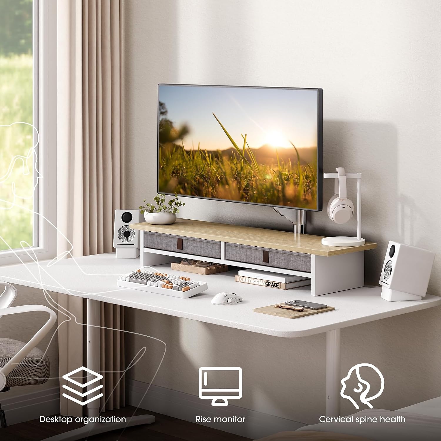 Monitorständer 2 Ebenen Eiche 90cm mit Schubladen - 35% Rabatt