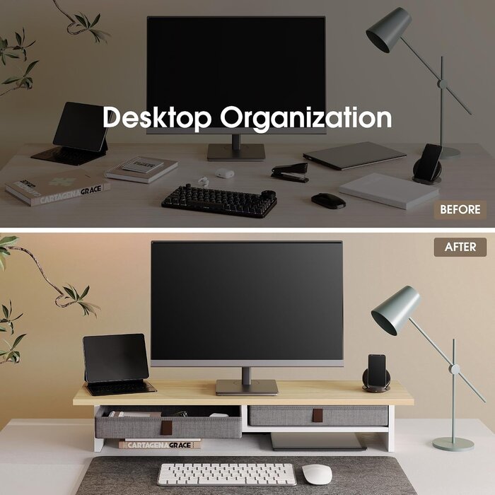 Monitorständer 2 Ebenen Eiche 90cm mit Schubladen - 35% Rabatt