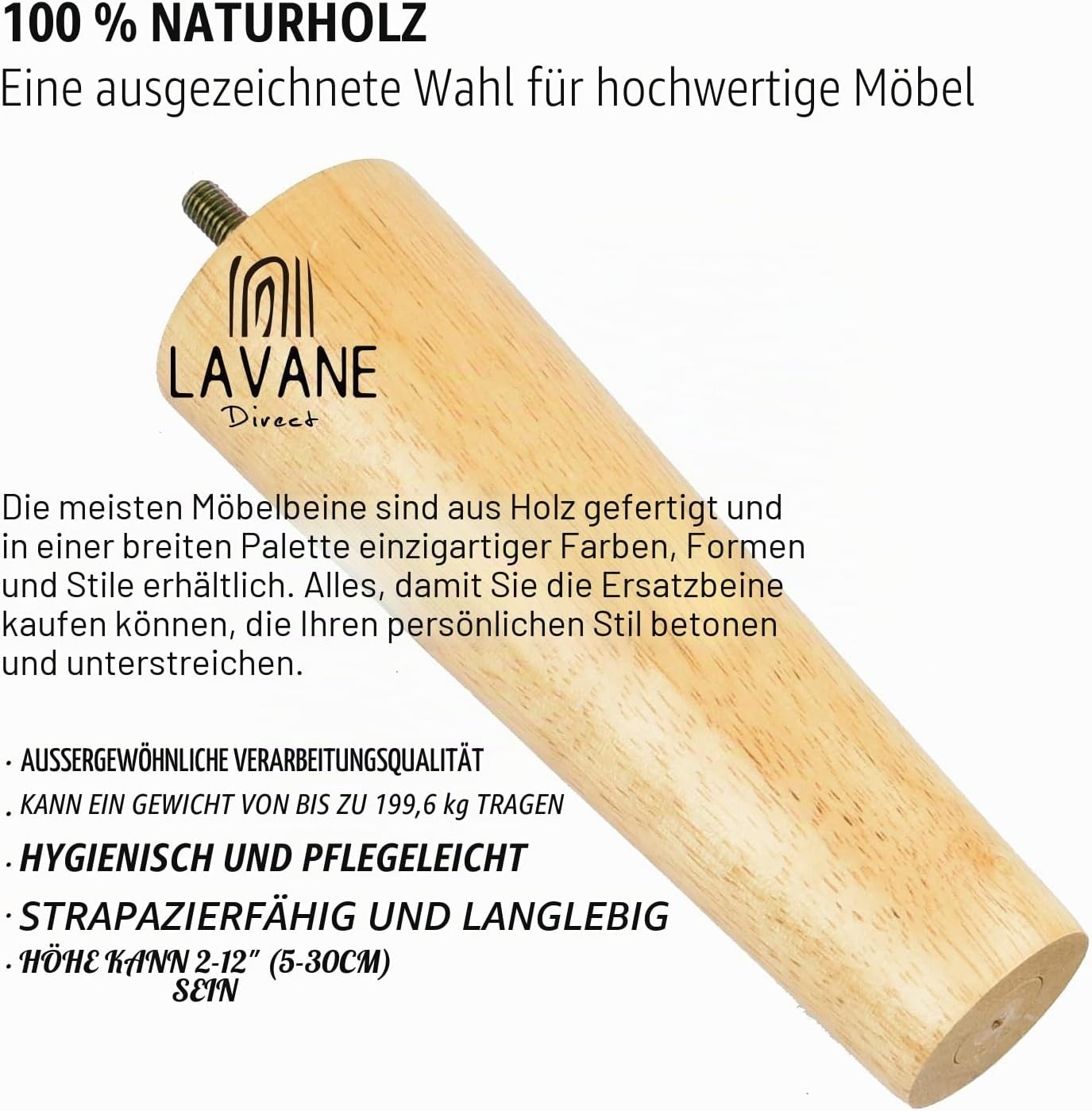 4x Möbelbeine Massivholz 10 cm, M8-Gewinde, Naturholz, 28% Rabatt, 15x11x11