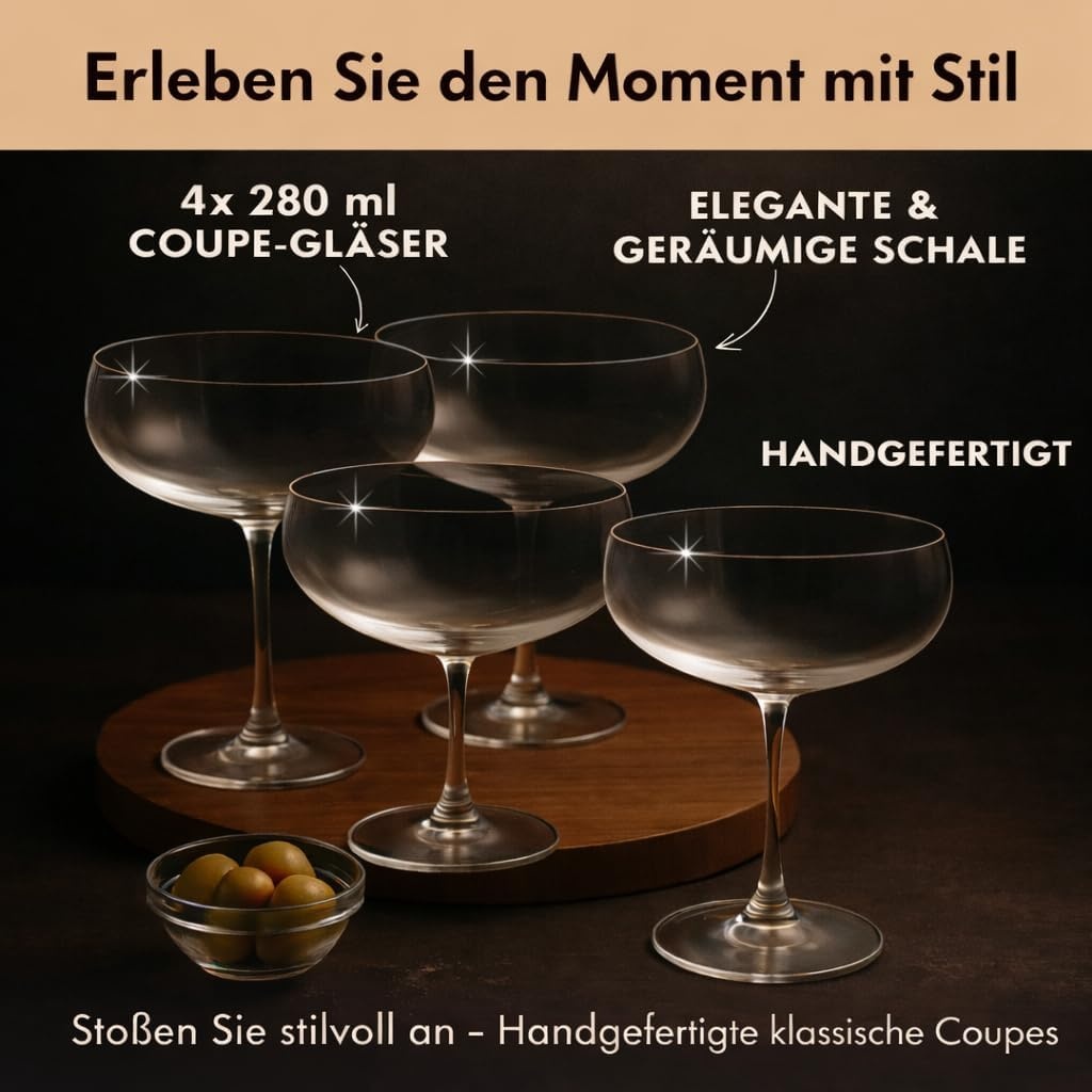 Vier Kristall-Coupe-Gläser 300 ml - 32% Rabatt auf das Set