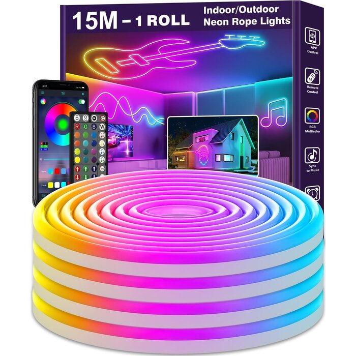LED Neon Lichtschlauch 15m RGB Bluetooth App-Steuerung - 32% Rabatt