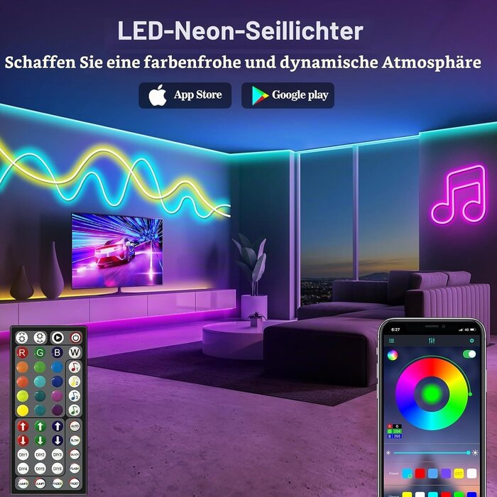LED Neon Lichtschlauch 15m RGB Bluetooth App-Steuerung - 32% Rabatt