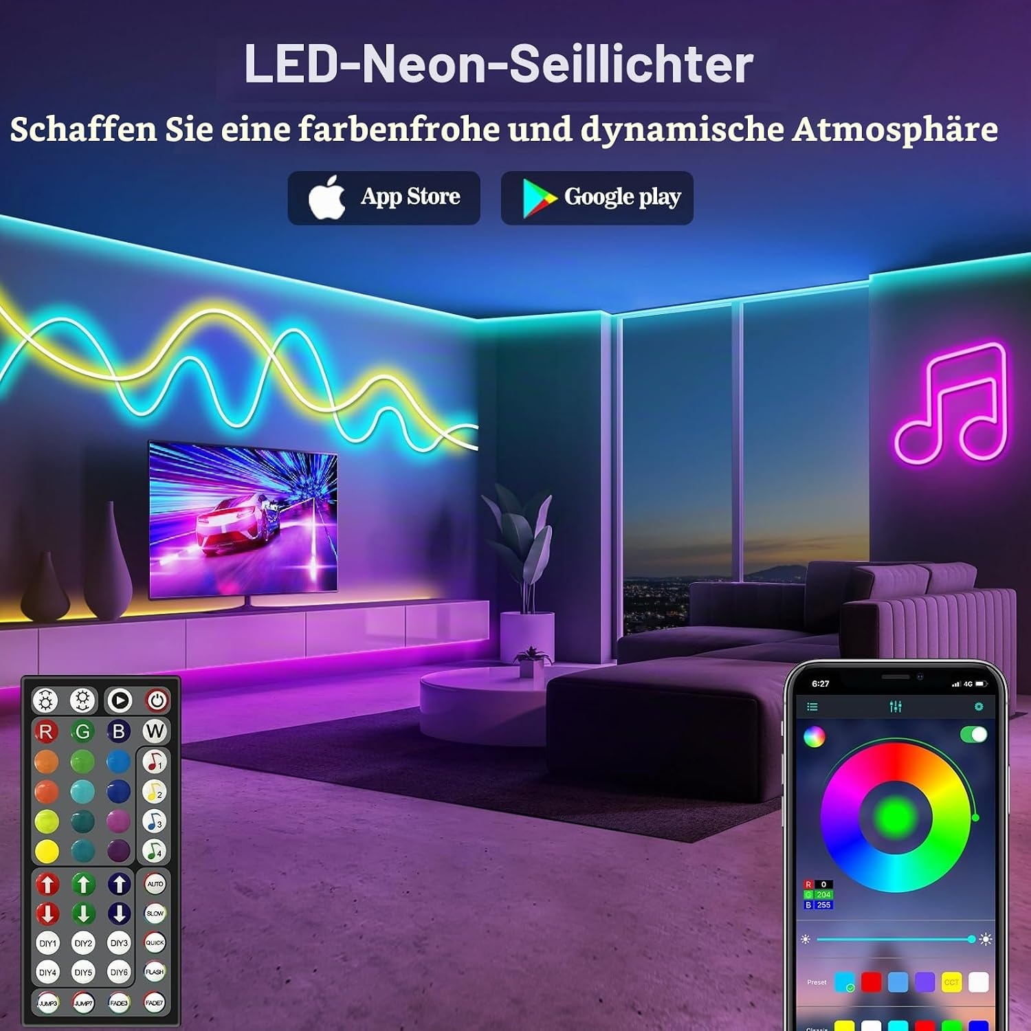 LED Neon Lichtschlauch 15m RGB Bluetooth App-Steuerung - 32% Rabatt