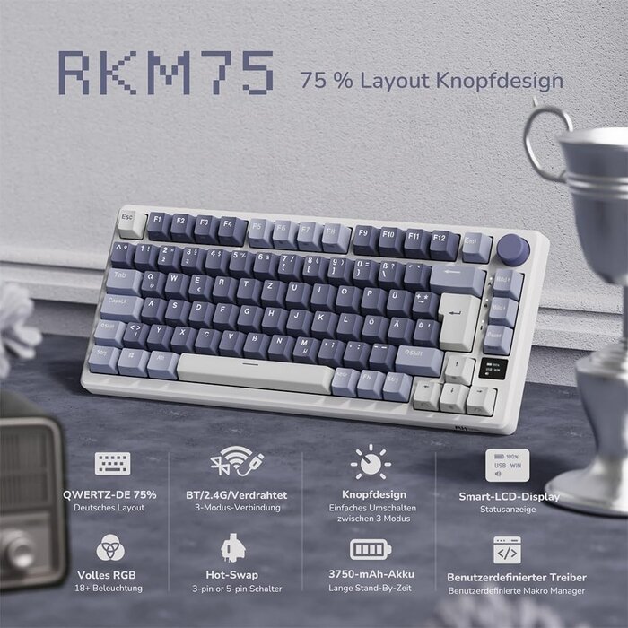 Mechanische 75% Gaming-Tastatur, Lavendel, OLED-Display - 34% Rabatt