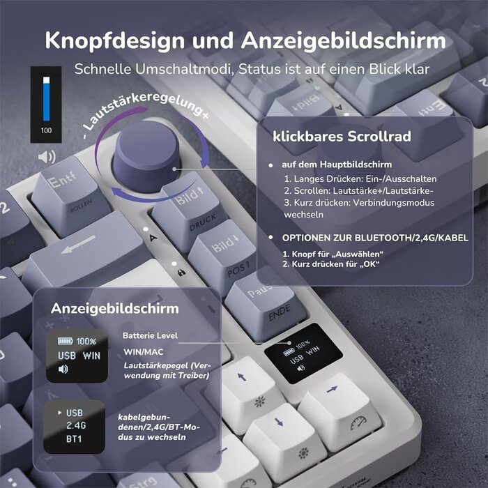 Mechanische 75% Gaming-Tastatur, Lavendel, OLED-Display - 34% Rabatt