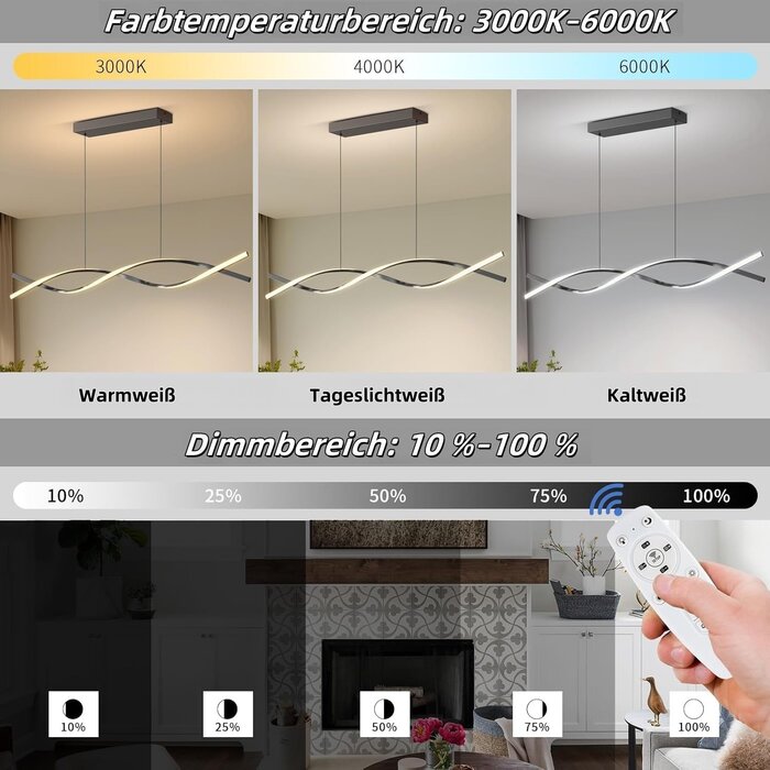 Moderne LED-Pendelleuchte 120cm, Dimmbar, Schwarz - 34% Rabatt