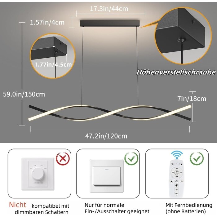 Moderne LED-Pendelleuchte 120cm, Dimmbar, Schwarz - 34% Rabatt
