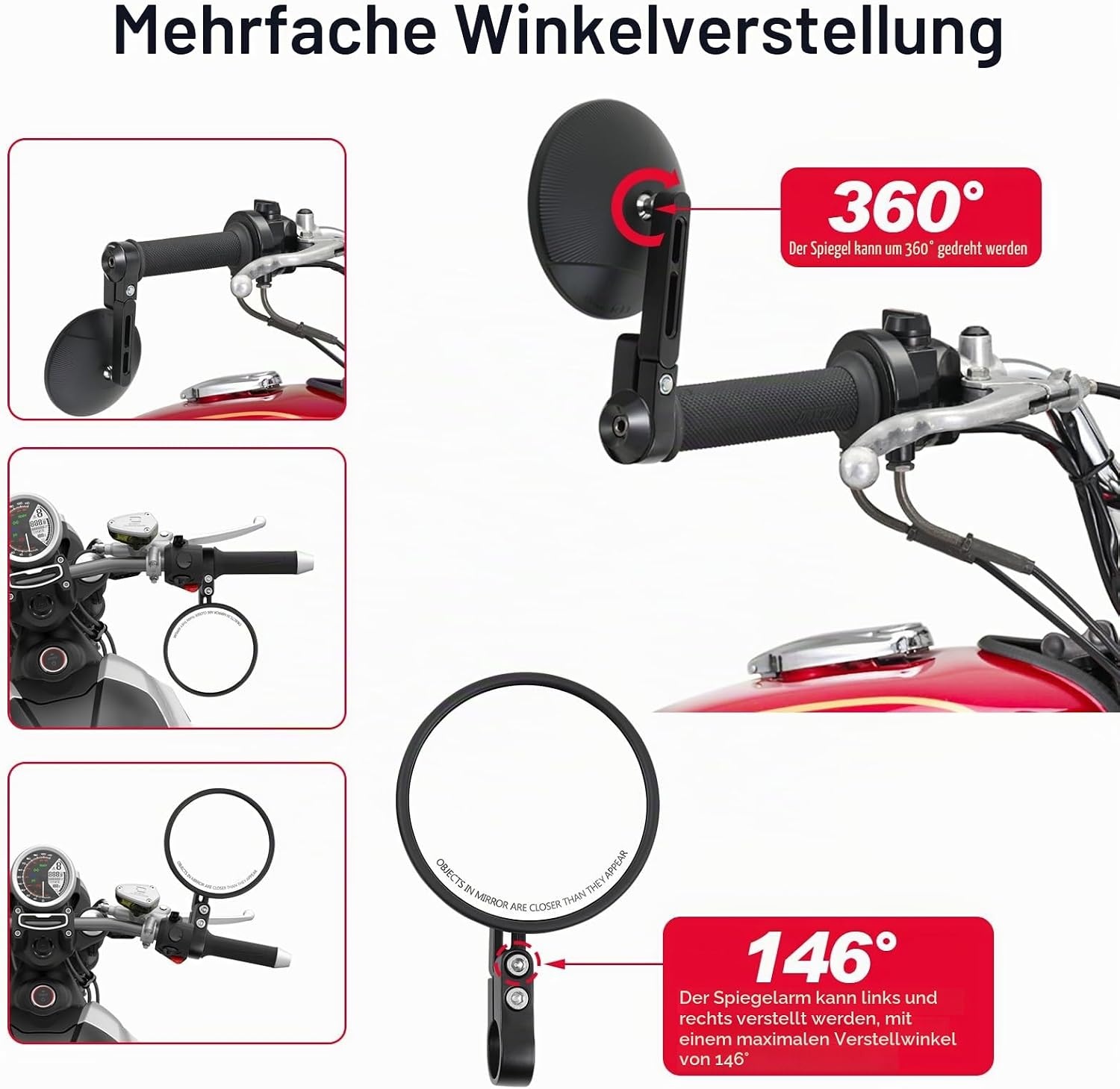 Motorrad Lenkerendenspiegel Rund 360° drehbar - 33% Rabatt - Schwarz