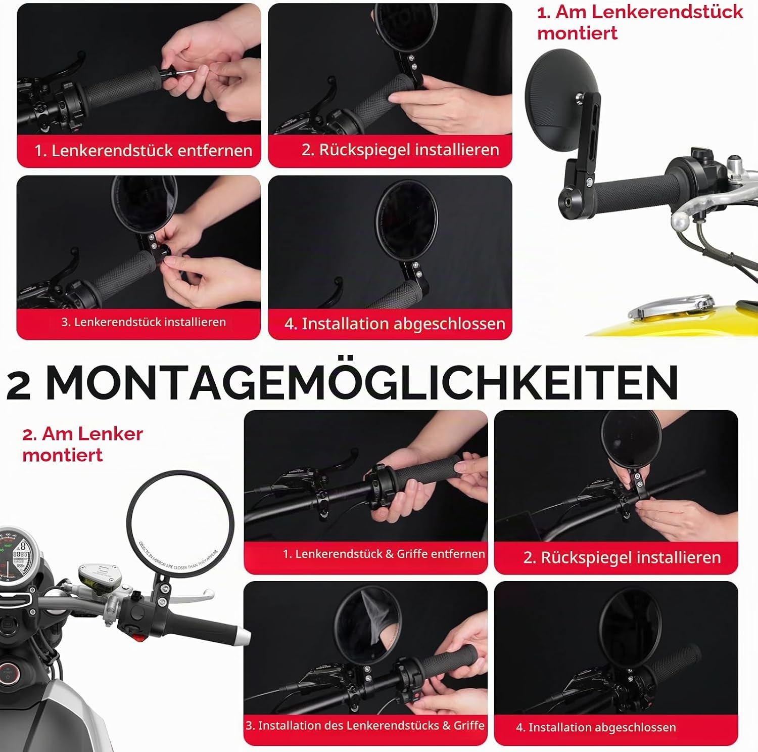 Motorrad Lenkerendenspiegel Rund 360° drehbar - 33% Rabatt - Schwarz