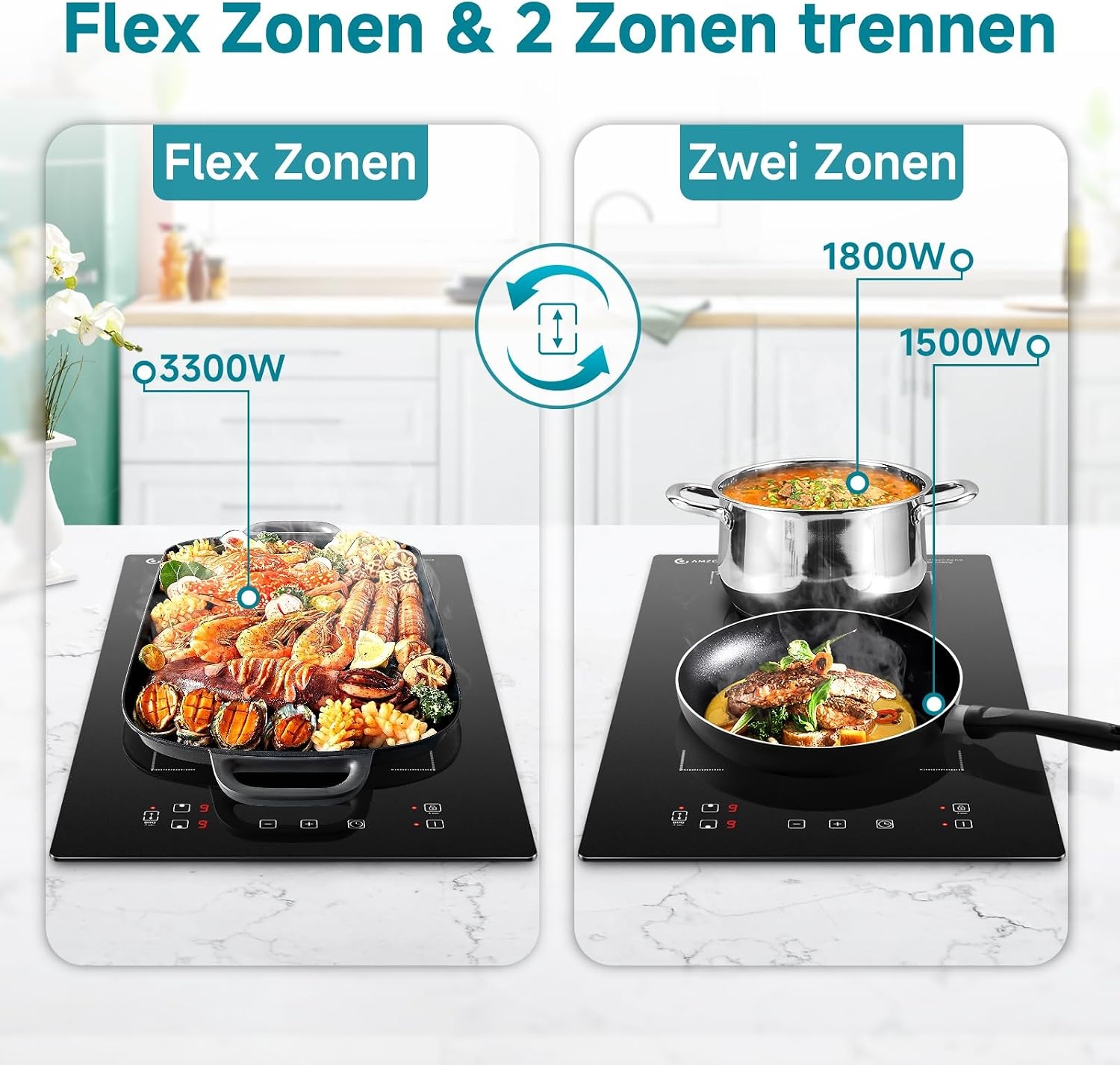 Doppel-Induktionskochfeld 3300W mit Flex-Zone, 30x52cm - 30% Rabatt