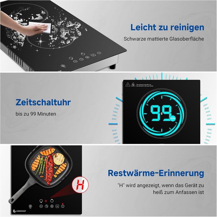 Glaskeramik-Kochfeld, 2 Kochzonen, 3200W, Touch-Steuerung - 35% Rabatt