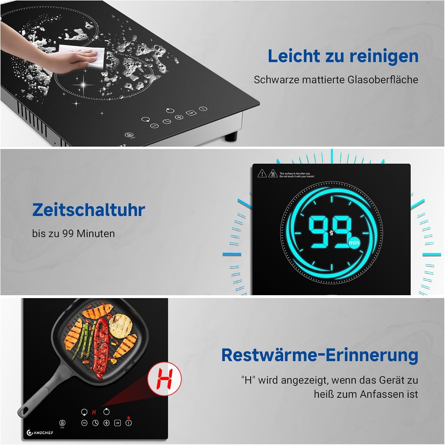 Glaskeramik-Kochfeld, 2 Kochzonen, 3200W, Touch-Steuerung - 35% Rabatt