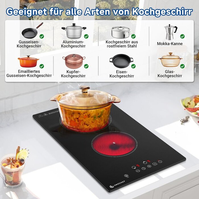 Glaskeramik-Kochfeld, 2 Kochzonen, 3200W, Touch-Steuerung - 35% Rabatt