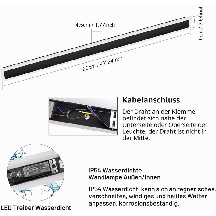Moderne LED Wandlampe 120cm, 35W, IP54, Schwarz - 34% Rabatt