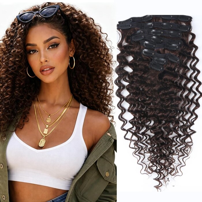 Echthaar Clip-in Extensions Dunkelbraun 50 cm, gewellt - 34% Rabatt