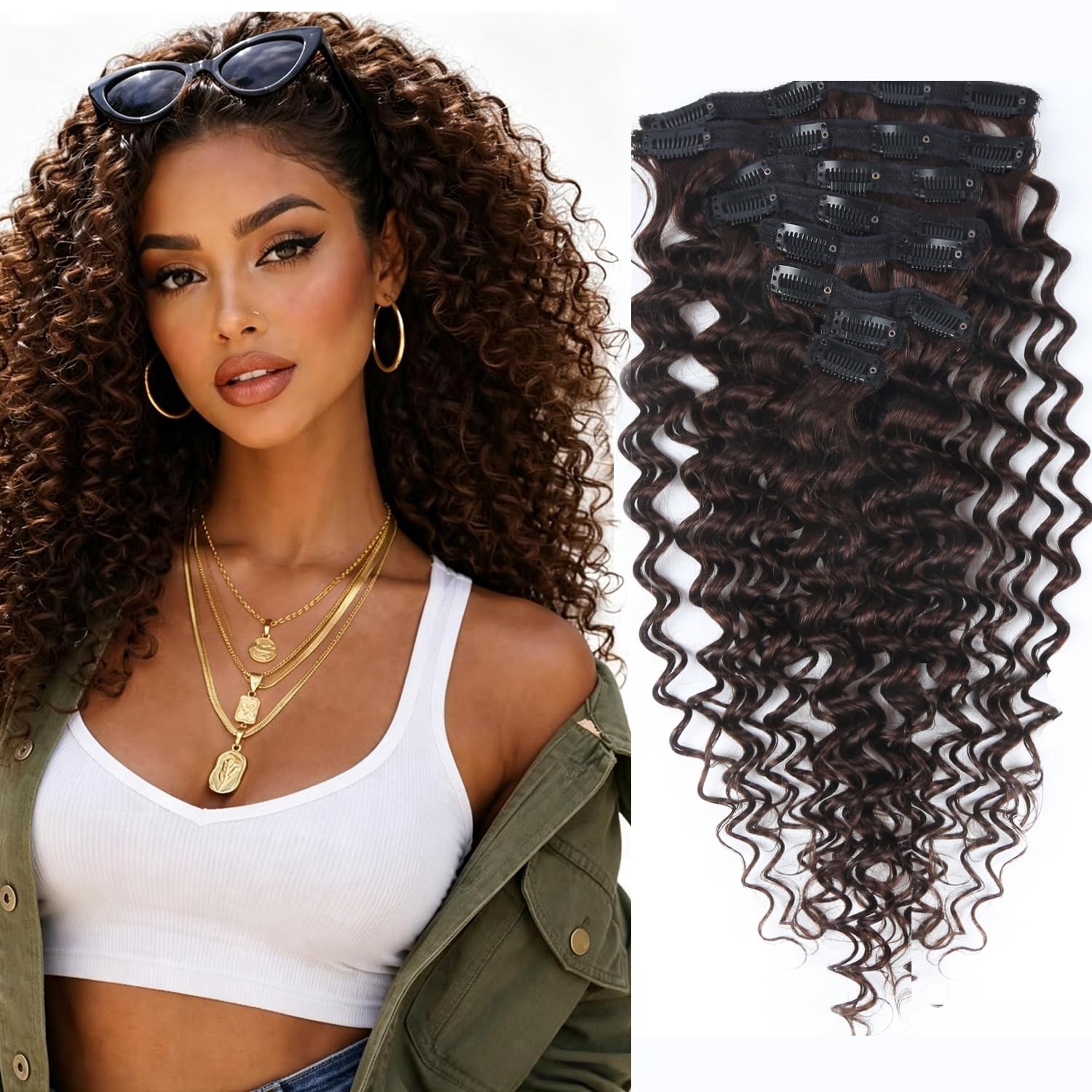 Echthaar Clip-in Extensions Dunkelbraun 50 cm, gewellt - 34% Rabatt