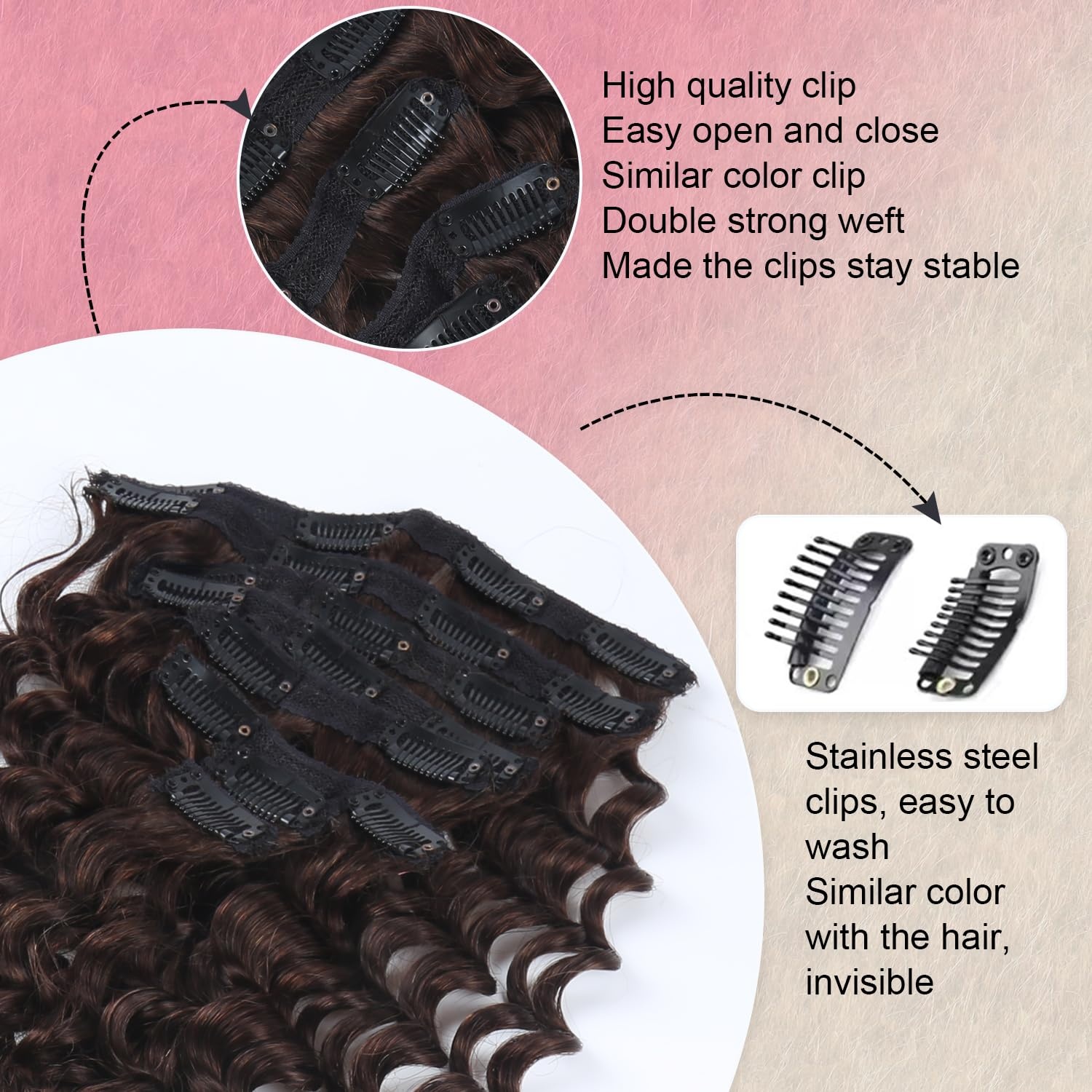 Echthaar Clip-in Extensions Dunkelbraun 50 cm, gewellt - 34% Rabatt