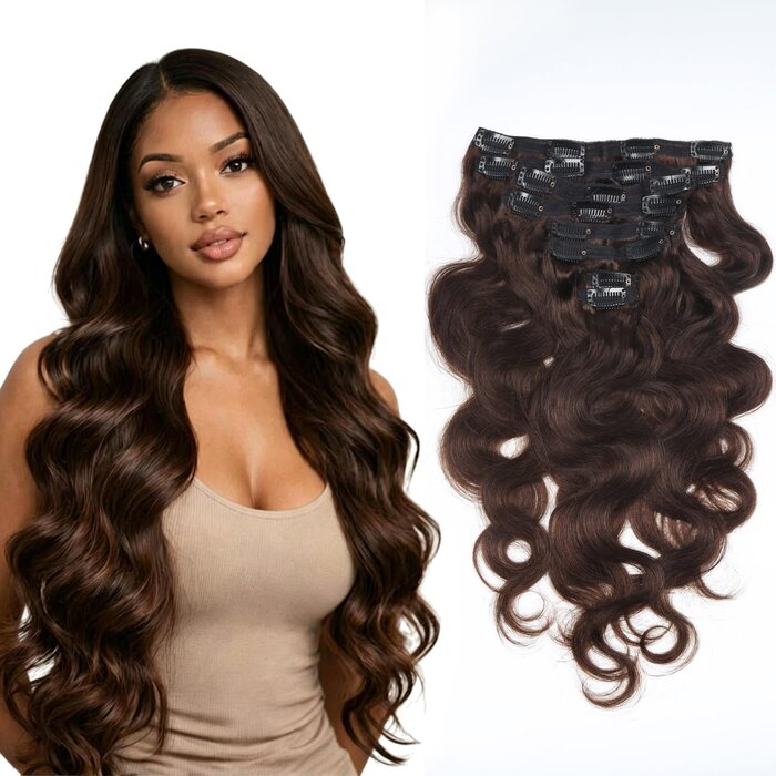 Echthaar Clip-in Extensions Dunkelbraun 50 cm, gewellt - 34% Rabatt