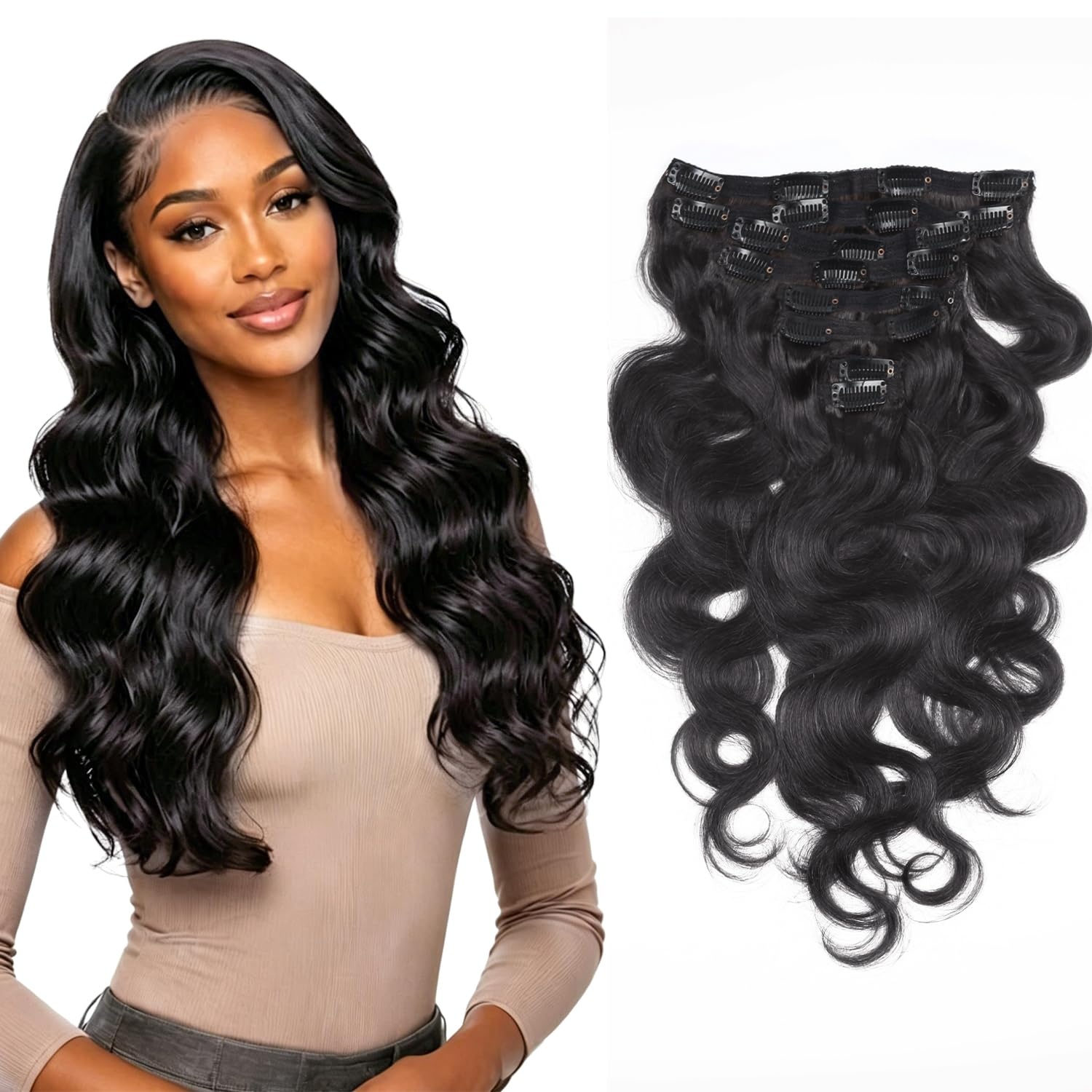 Echthaar Clip-in Extensions Dunkelbraun 50 cm, gewellt - 34% Rabatt