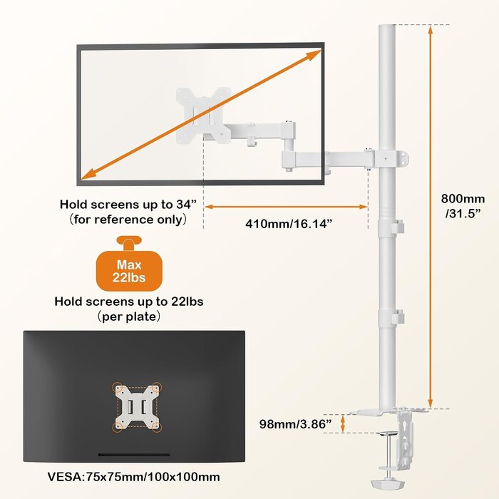 Ergonomischer Monitorarm 80 cm, 13-32 Zoll, Weiß - 30% Rabatt