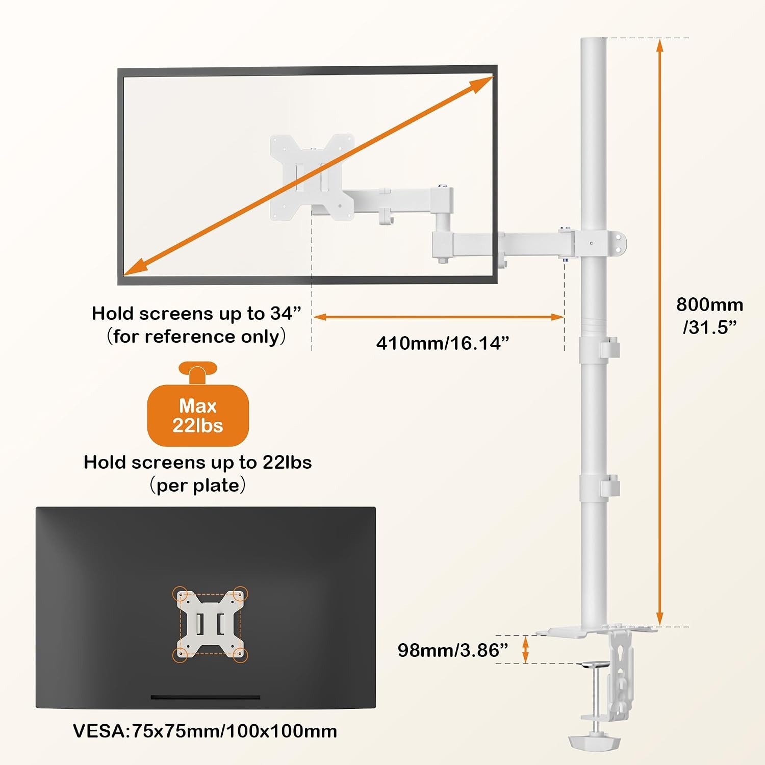 Ergonomischer Monitorarm 80 cm, 13-32 Zoll, Weiß - 30% Rabatt
