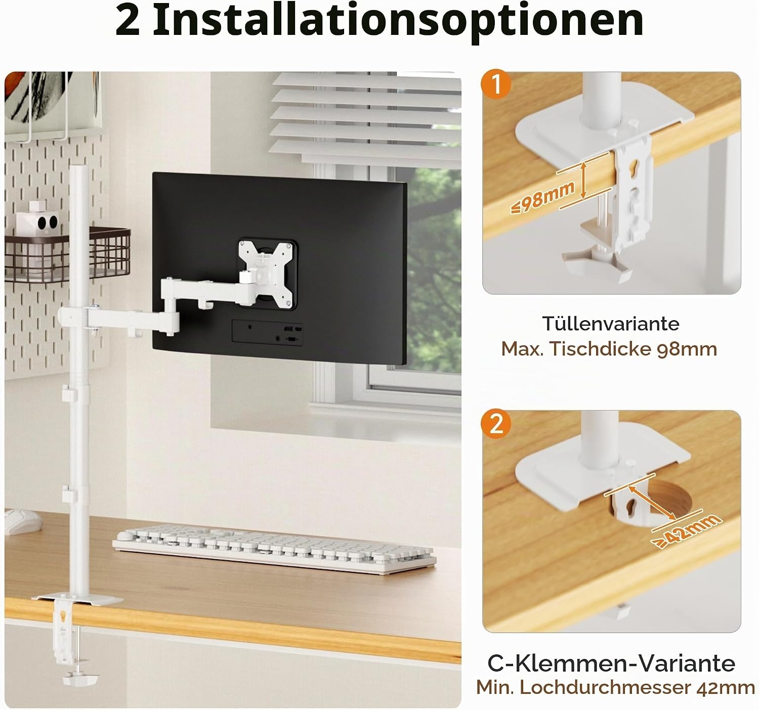 Ergonomischer Monitorarm 80 cm, 13-32 Zoll, Weiß - 30% Rabatt