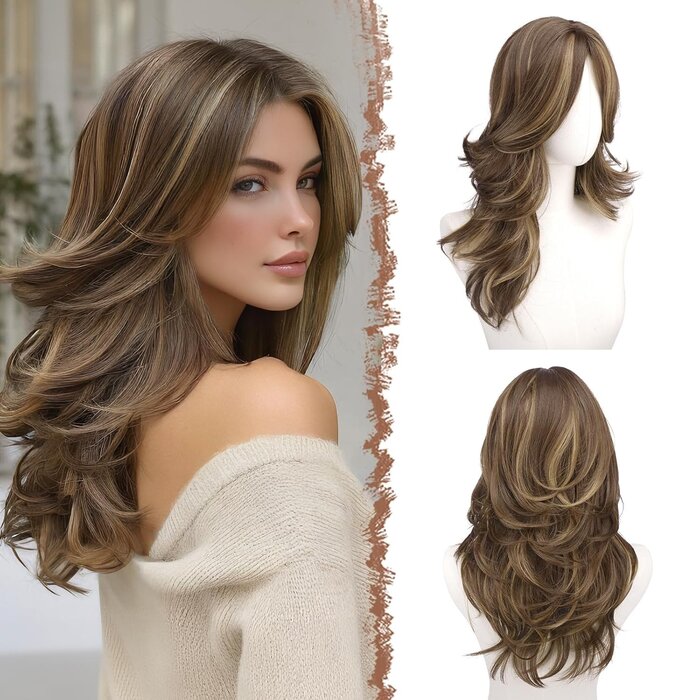 Lange gewellte Damenperücke, braun-blond, 50 cm - 31% Rabatt