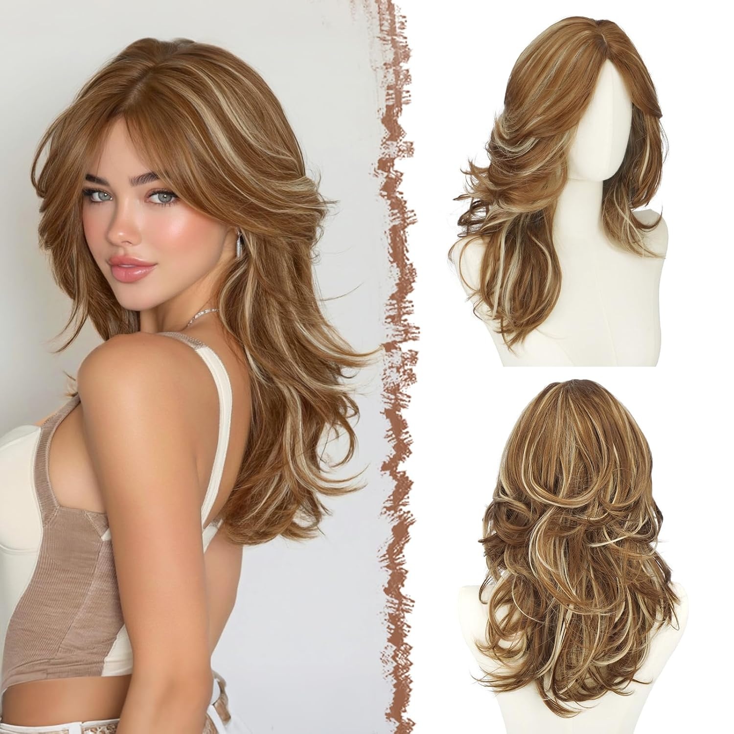 Lange gewellte Damenperücke, braun-blond, 50 cm - 31% Rabatt