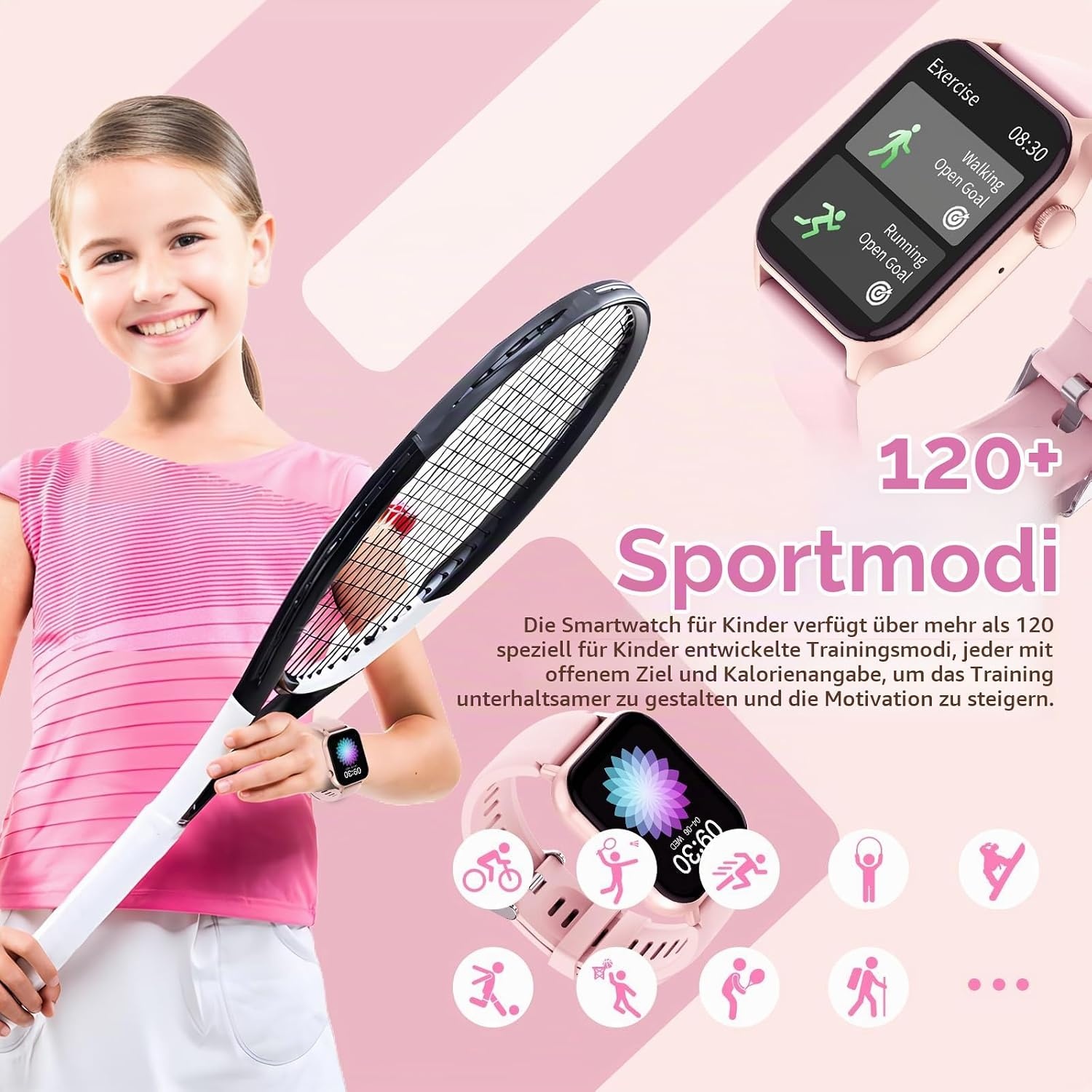Smartwatch für Kinder Rosa, Bluetooth, Fitness-Tracker - 30% Rabatt