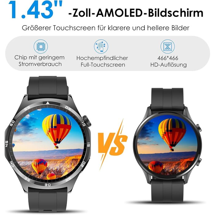 Smartwatch mit 1,43" AMOLED Display - Schwarz - 28% Rabatt
