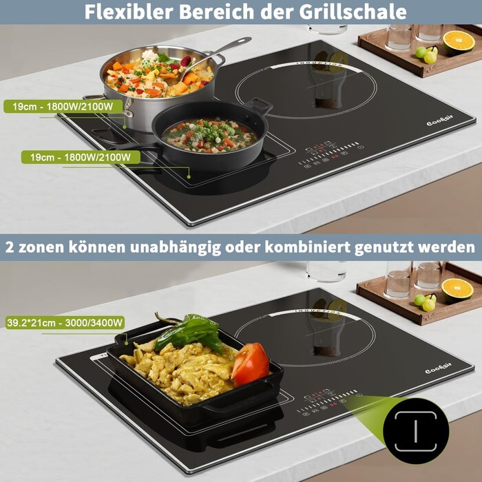 Induktionskochfeld 3 Zonen 6800W, Flex-Zone, Schwarz - 35% Rabatt