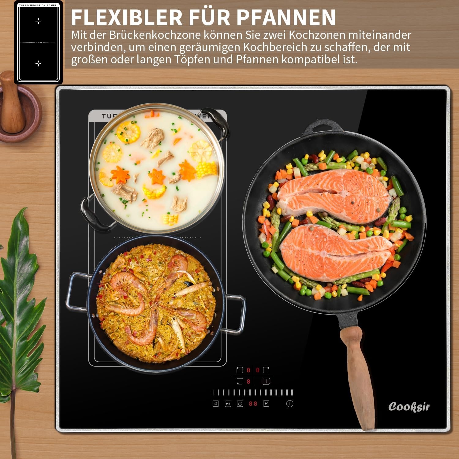 Induktionskochfeld 3 Zonen 6800W, Flex-Zone, Schwarz - 35% Rabatt