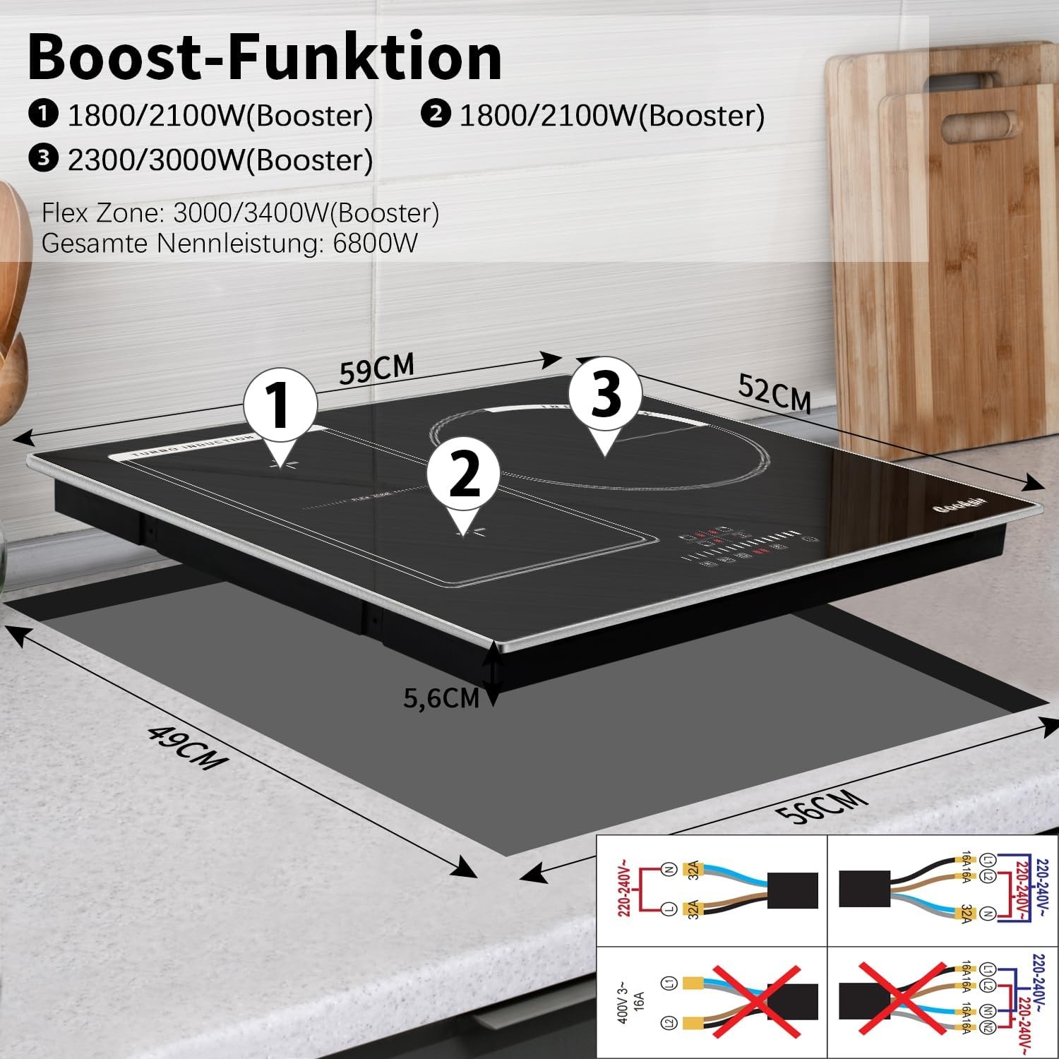 Induktionskochfeld 3 Zonen 6800W, Flex-Zone, Schwarz - 35% Rabatt