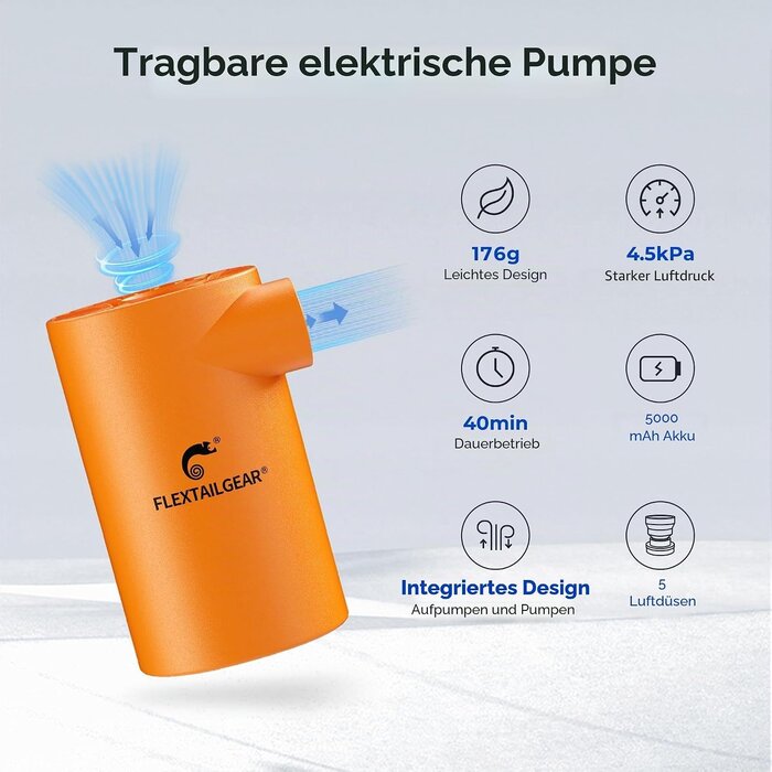 Elektrische Akku-Luftpumpe - 30% Rabatt - 250 l/min, inkl. 5 Aufsätze