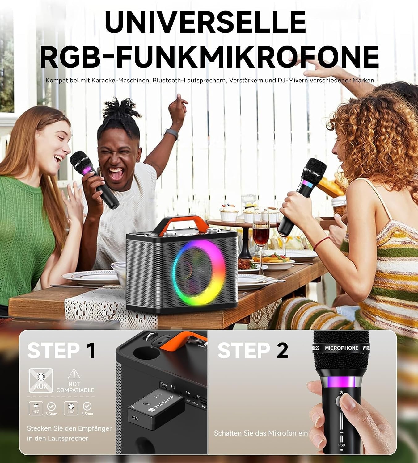 Karaoke-Maschine mit 2 Funk-Mikrofonen & RGB-Licht - 30% Rabatt