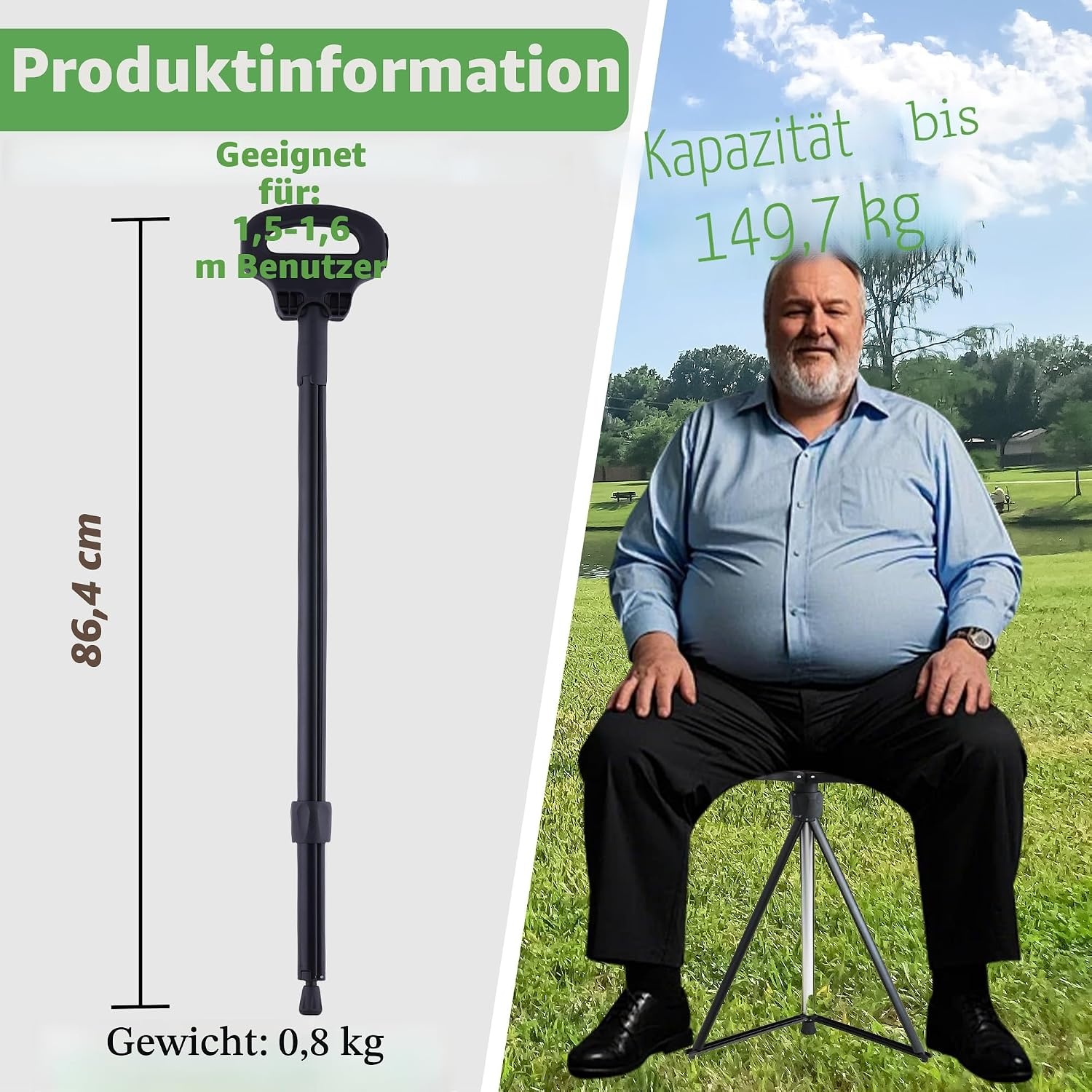 Klappbarer Gehstock mit Sitz, 86 cm, 150 kg belastbar - 34% Rabatt