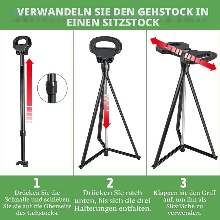 Klappbarer Gehstock mit Sitz, 86 cm, 150 kg belastbar - 34% Rabatt