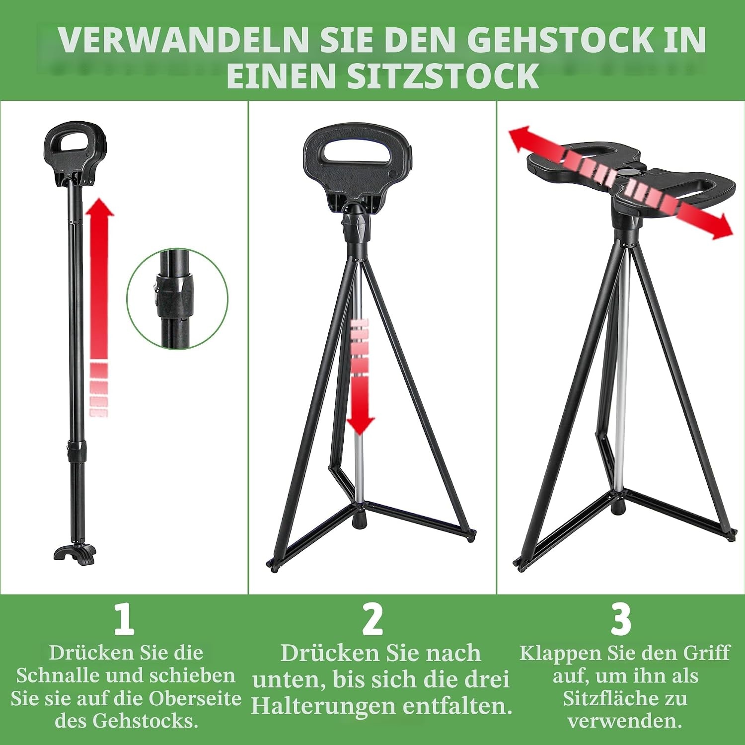 Klappbarer Gehstock mit Sitz, 86 cm, 150 kg belastbar - 34% Rabatt