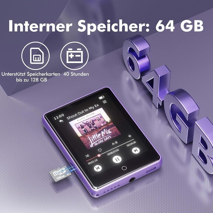 MP3- und MP4-Player 64GB Touchscreen Bluetooth 5.3 lila - 28% Rabatt