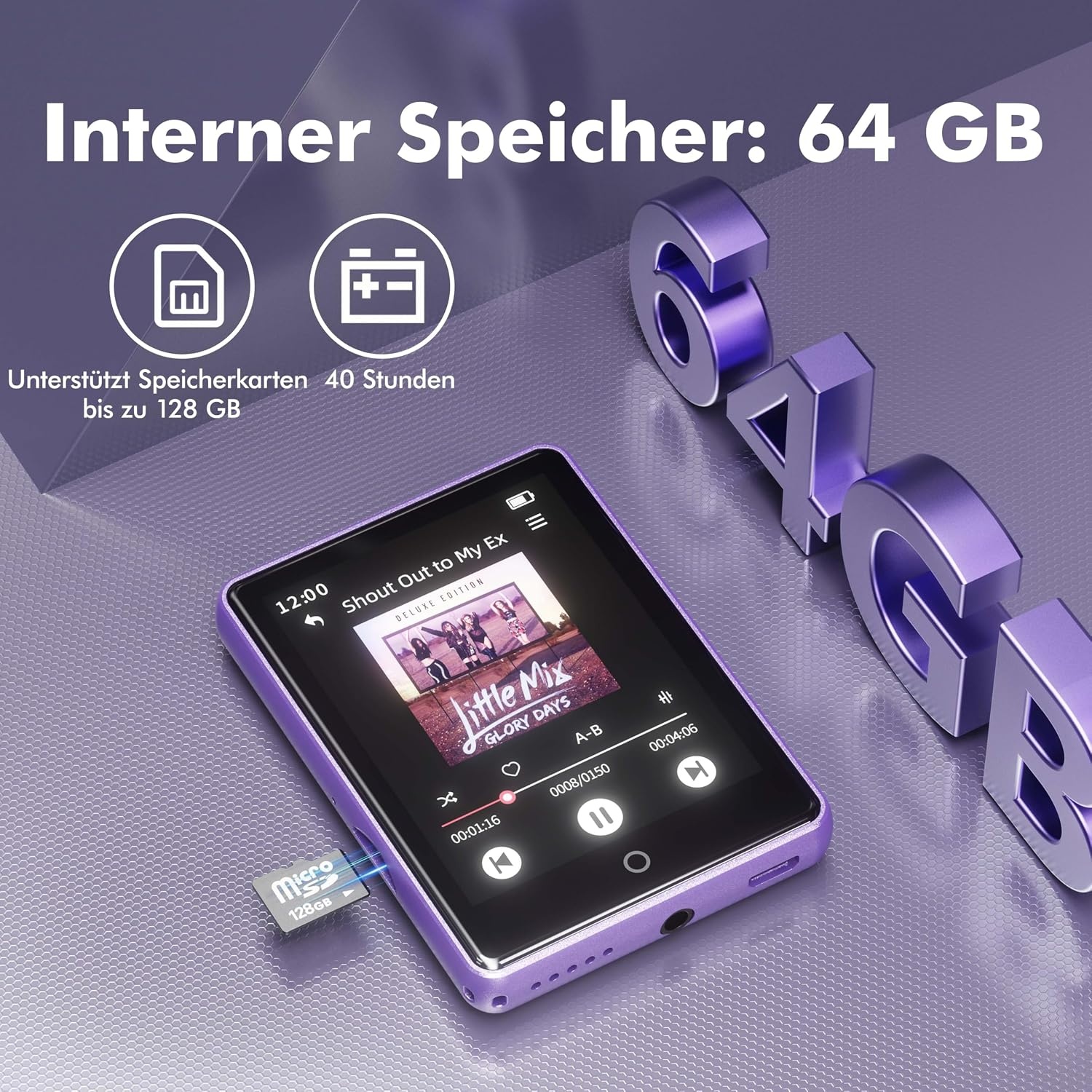 MP3- und MP4-Player 64GB Touchscreen Bluetooth 5.3 lila - 28% Rabatt