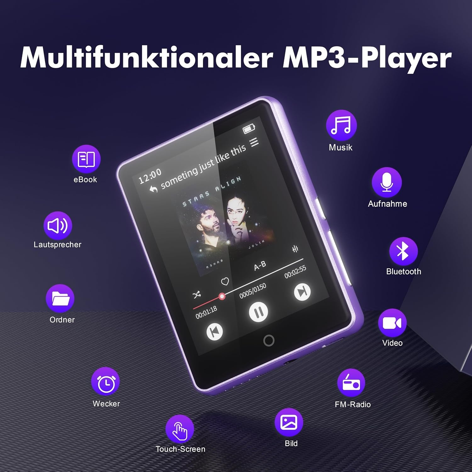 MP3- und MP4-Player 64GB Touchscreen Bluetooth 5.3 lila - 28% Rabatt