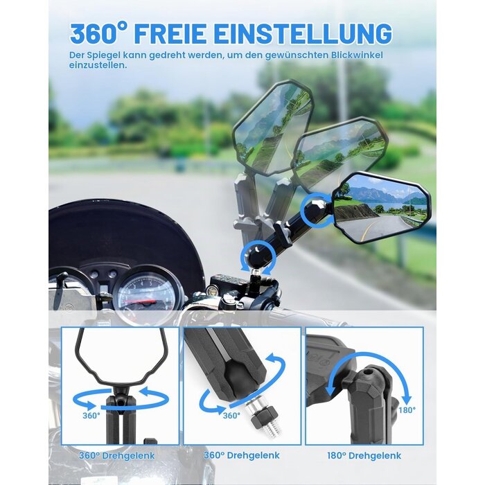 Motorrad Seitenspiegel Set, 360° drehbar, E-geprüft - 31% Rabatt