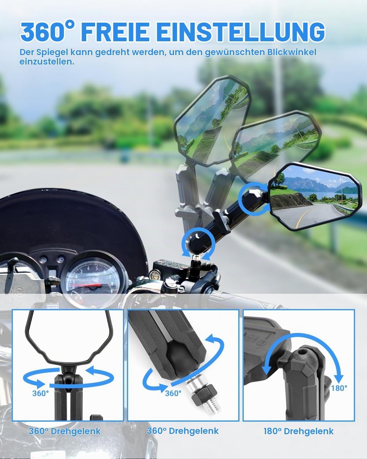 Motorrad Seitenspiegel Set, 360° drehbar, E-geprüft - 31% Rabatt