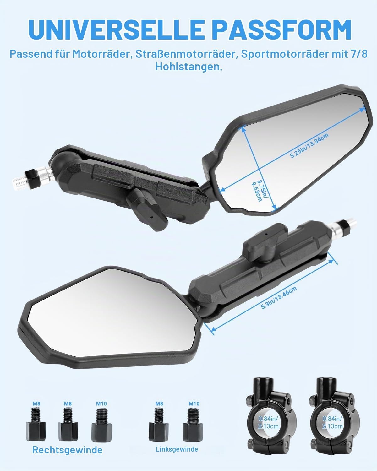 Motorrad Seitenspiegel Set, 360° drehbar, E-geprüft - 31% Rabatt