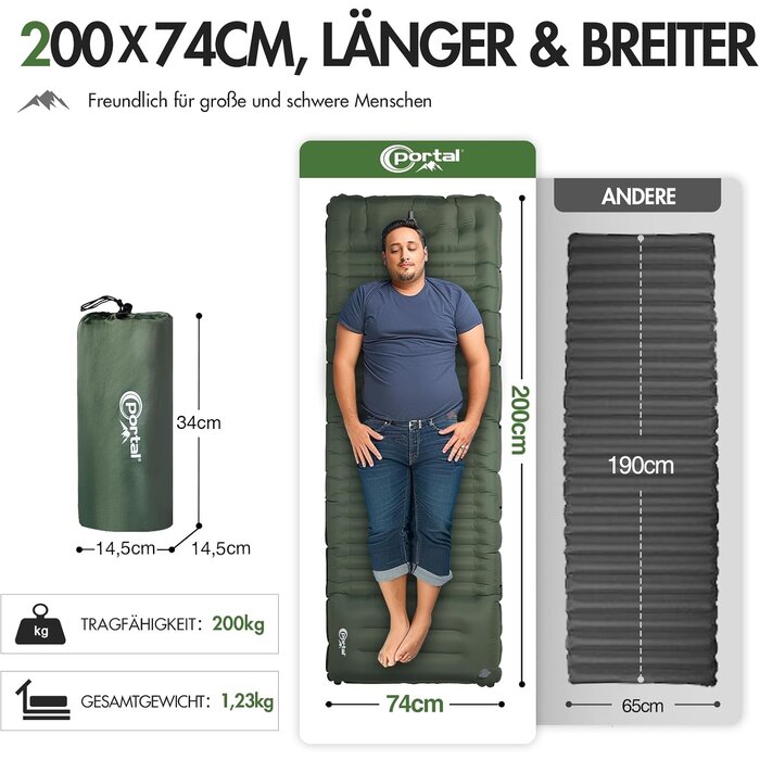 Aufblasbare Camping-Isomatte, 10 cm, Armeegrün - 32% Rabatt